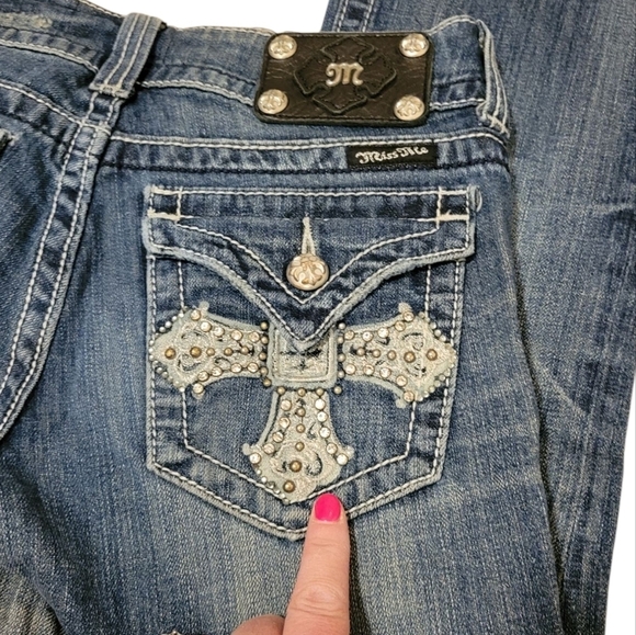 Miss Me Boot Cut Jeans Embellished Bedazzled Sparkle Diamond Crosses JP5046-4 - Picture 11 of 12